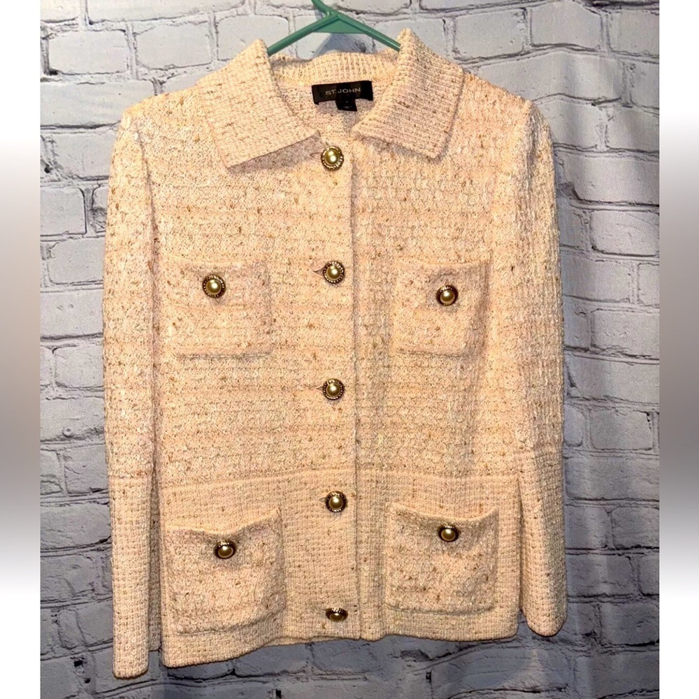 Autre Marque St.John Peach Pink Pearl Buttoned Tweed Knit Blazer Collar Size 2
